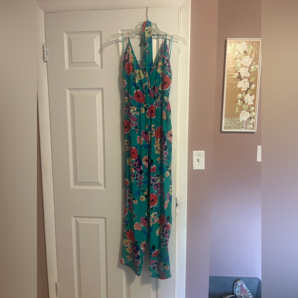Yumi Kim Silk Floral Jumpsuit - Teal Multi-Print - Halter V-Neck - 100% Silk